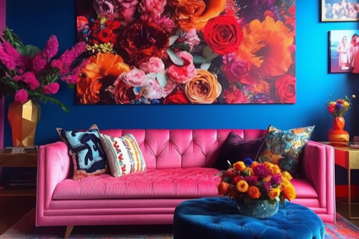 Sala de estar de quem sabe como usar estampas e cores vibrantes na decoração, com sofá rosa e quadro de flores ao fundo. 