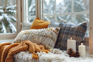 sofá com almofadas confortáveis para decoração de inverno