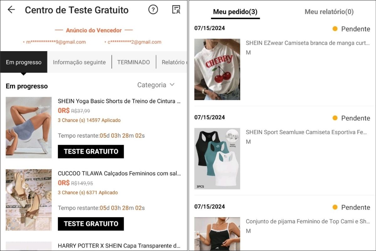 Prints da prova gratuita da Shein com roupas para seleção. 