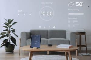 sala de estar com tecnologia integrada em casa